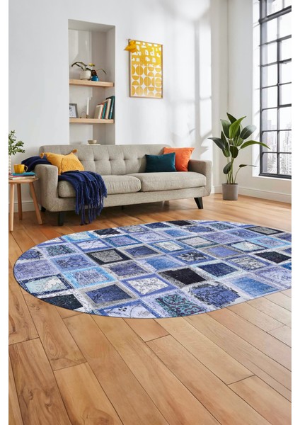 Baskılı Kaymaz Taban Yıkanabilir Patchwork Desen Oval Yolluk Salon Halısı, O-Patchwork-14-Mavi, indirimleri