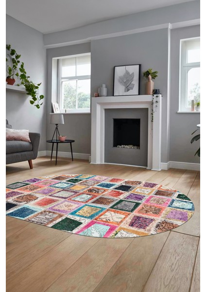 Baskılı Kaymaz Taban Yıkanabilir Patchwork Desen Oval Yolluk Salon Halısı, O-Patchwork-14-Renkli,