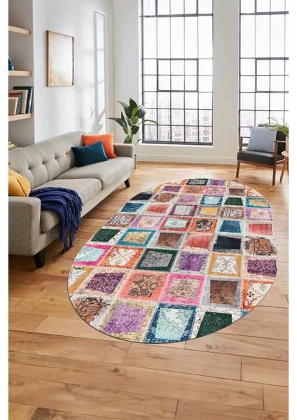 Baskılı Kaymaz Taban Yıkanabilir Patchwork Desen Oval Yolluk Salon Halısı, O-Patchwork-14-Renkli,