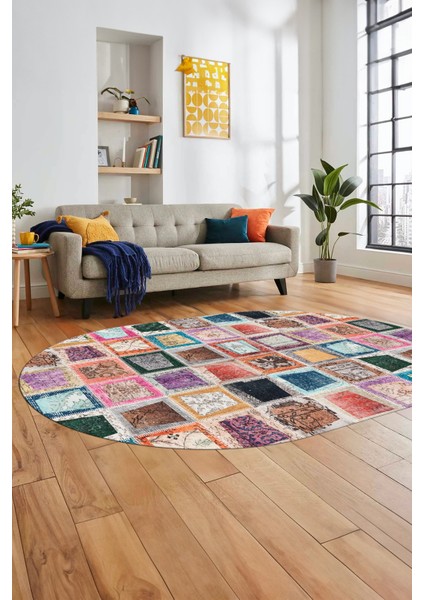 Baskılı Kaymaz Taban Yıkanabilir Patchwork Desen Oval Yolluk Salon Halısı, O-Patchwork-14-Renkli,