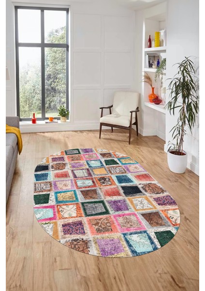 Baskılı Kaymaz Taban Yıkanabilir Patchwork Desen Oval Yolluk Salon Halısı, O-Patchwork-14-Renkli,