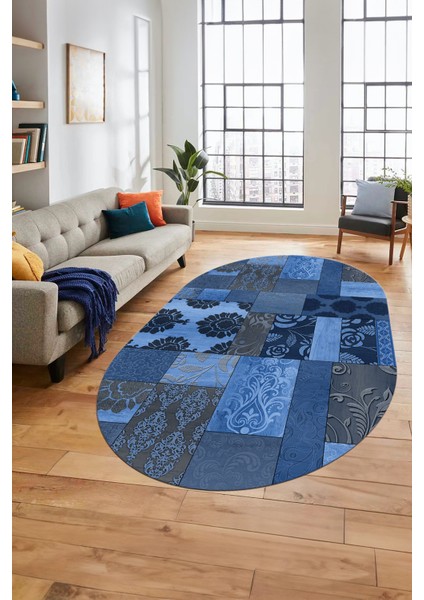 Baskılı Kaymaz Taban Yıkanabilir Patchwork Desen Oval Yolluk Salon Halısı, O-Patchwork-16-Mavi,