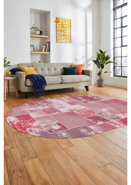 Baskılı Kaymaz Taban Yıkanabilir Patchwork Desen Oval Yolluk Salon Halısı, O-Patchwork-20-Kırmızı,