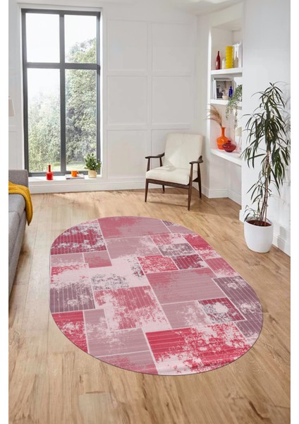 Baskılı Kaymaz Taban Yıkanabilir Patchwork Desen Oval Yolluk Salon Halısı, O-Patchwork-20-Kırmızı,
