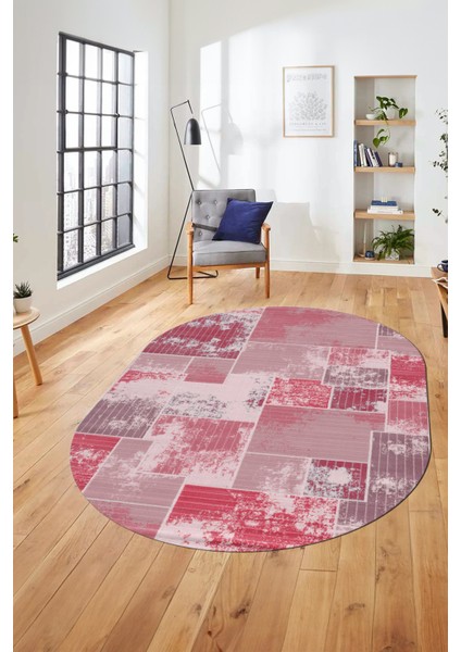 Baskılı Kaymaz Taban Yıkanabilir Patchwork Desen Oval Yolluk Salon Halısı, O-Patchwork-20-Kırmızı,
