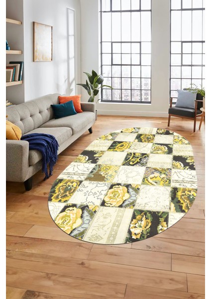 Baskılı Kaymaz Taban Yıkanabilir Patchwork Desen Oval Yolluk Salon Halısı, O-Patchwork-19-Sarı,