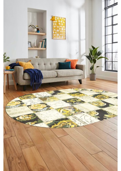 Baskılı Kaymaz Taban Yıkanabilir Patchwork Desen Oval Yolluk Salon Halısı, O-Patchwork-19-Sarı,