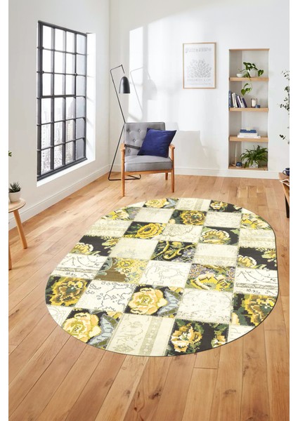 Baskılı Kaymaz Taban Yıkanabilir Patchwork Desen Oval Yolluk Salon Halısı, O-Patchwork-19-Sarı,