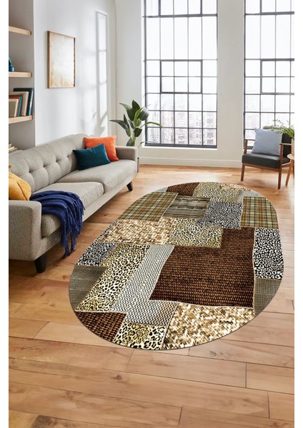 Evdeya Baskılı Kaymaz Taban Yıkanabilir Patchwork Desen Oval Yolluk Salon Halısı, O-Patchwork-15-Kahve,