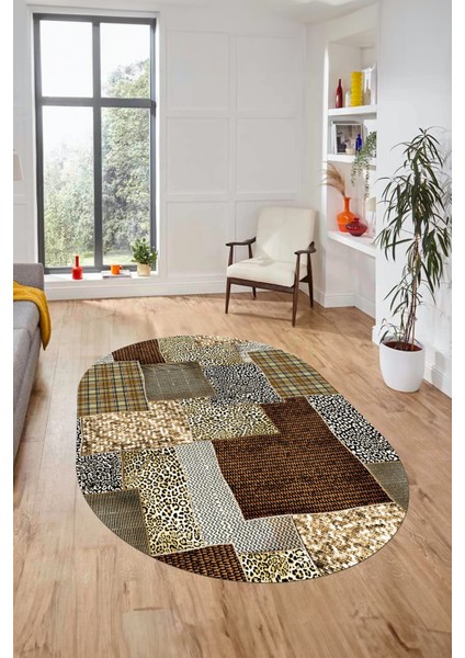 Evdeya Baskılı Kaymaz Taban Yıkanabilir Patchwork Desen Oval Yolluk Salon Halısı, O-Patchwork-15-Kahve,