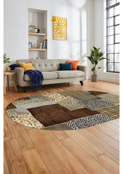 Baskılı Kaymaz Taban Yıkanabilir Patchwork Desen Oval Yolluk Salon Halısı, O-Patchwork-15-Kahve, fırsatları