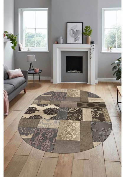 Baskılı Kaymaz Taban Yıkanabilir Patchwork Desen Oval Yolluk Salon Halısı, O-Patchwork-16-Vizon,