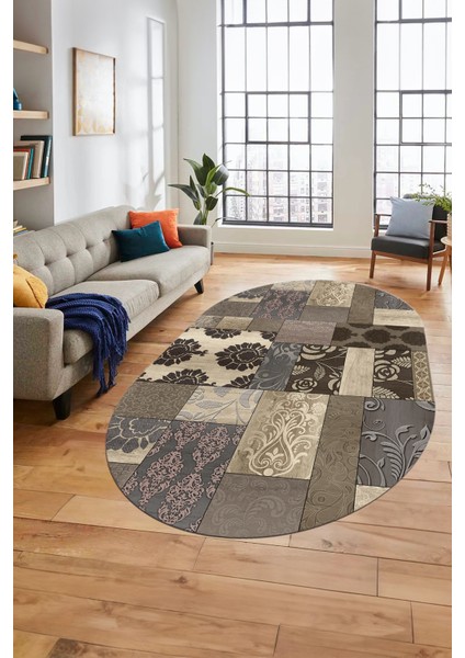 Baskılı Kaymaz Taban Yıkanabilir Patchwork Desen Oval Yolluk Salon Halısı, O-Patchwork-16-Vizon,