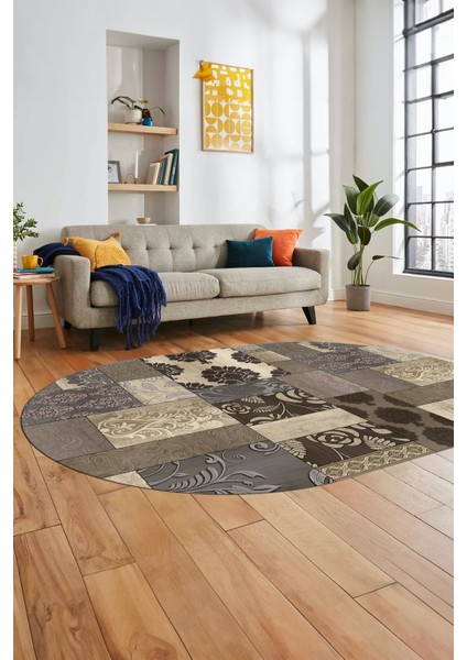 Baskılı Kaymaz Taban Yıkanabilir Patchwork Desen Oval Yolluk Salon Halısı, O-Patchwork-16-Vizon,