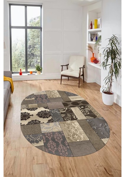 Baskılı Kaymaz Taban Yıkanabilir Patchwork Desen Oval Yolluk Salon Halısı, O-Patchwork-16-Vizon,