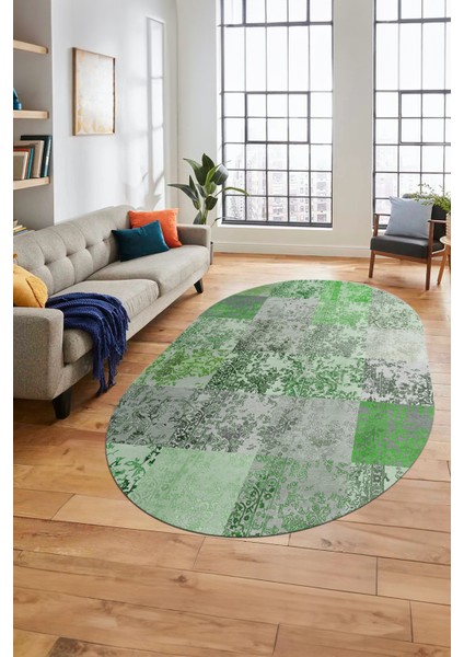 Baskılı Kaymaz Taban Yıkanabilir Patchwork Desen Oval Yolluk Salon Halısı, O-Patchwork-17-Yeşil,