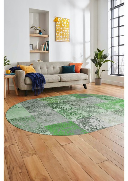 Baskılı Kaymaz Taban Yıkanabilir Patchwork Desen Oval Yolluk Salon Halısı, O-Patchwork-17-Yeşil,
