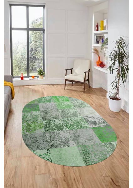 Baskılı Kaymaz Taban Yıkanabilir Patchwork Desen Oval Yolluk Salon Halısı, O-Patchwork-17-Yeşil,