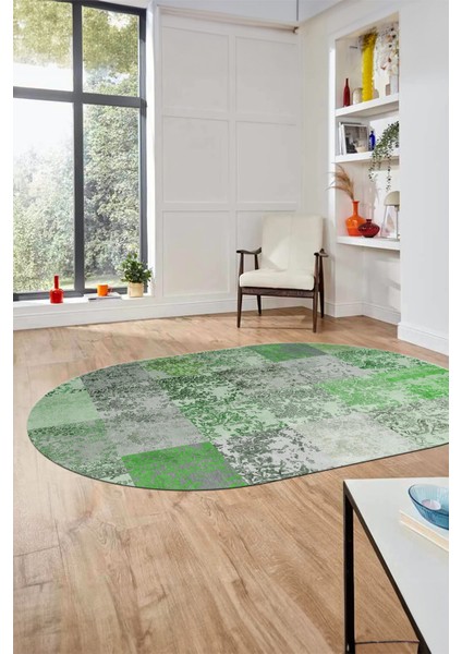 Baskılı Kaymaz Taban Yıkanabilir Patchwork Desen Oval Yolluk Salon Halısı, O-Patchwork-17-Yeşil,