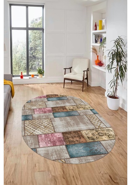 Baskılı Kaymaz Taban Yıkanabilir Patchwork Desen Oval Yolluk Salon Halısı, O-Patchwork-18-Renkli,
