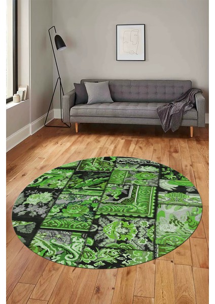 Baskılı Kaymaz Yıkanabilir Patchwork Desen Yuvarlak Mutfak Salon Halısı, Y-Patchwork-12-Yeşil, fırsatları