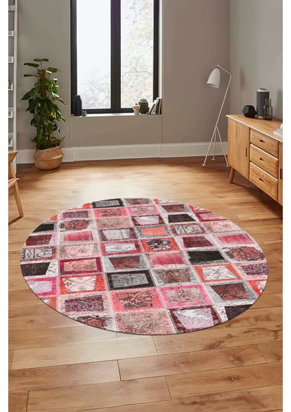 Baskılı Kaymaz Yıkanabilir Patchwork Desen Yuvarlak Mutfak Salon Halısı, Y-Patchwork-14-Kırmızı, fiyatları