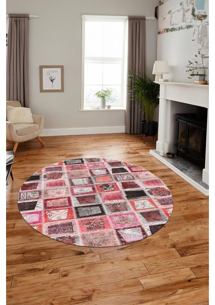 Baskılı Kaymaz Yıkanabilir Patchwork Desen Yuvarlak Mutfak Salon Halısı, Y-Patchwork-14-Kırmızı, fırsatları
