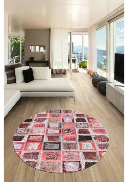 Baskılı Kaymaz Yıkanabilir Patchwork Desen Yuvarlak Mutfak Salon Halısı, Y-Patchwork-14-Kırmızı, indirimleri