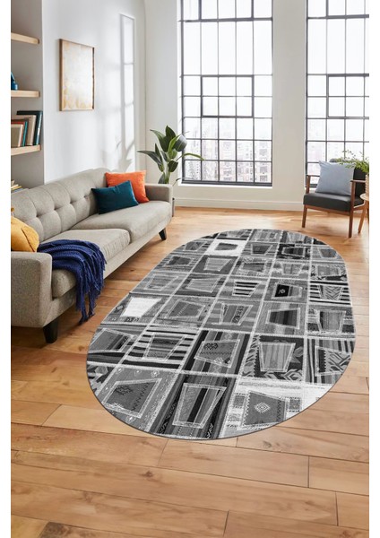 Baskılı Kaymaz Taban Yıkanabilir Patchwork Desen Oval Yolluk Salon Halısı, O-Patchwork-11-Gri, indirimleri
