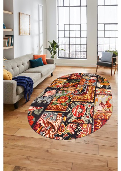 Baskılı Kaymaz Taban Yıkanabilir Patchwork Desen Oval Yolluk Salon Halısı, O-Patchwork-12-Renkli,