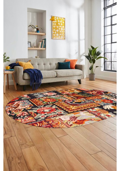 Baskılı Kaymaz Taban Yıkanabilir Patchwork Desen Oval Yolluk Salon Halısı, O-Patchwork-12-Renkli,