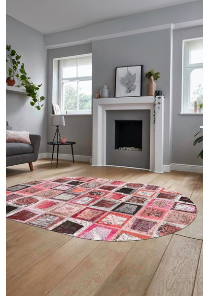 Baskılı Kaymaz Taban Yıkanabilir Patchwork Desen Oval Yolluk Salon Halısı, O-Patchwork-14-Kırmızı,