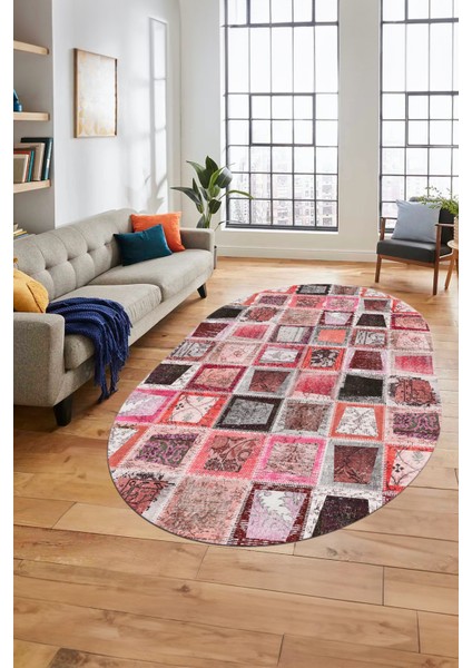 Baskılı Kaymaz Taban Yıkanabilir Patchwork Desen Oval Yolluk Salon Halısı, O-Patchwork-14-Kırmızı,