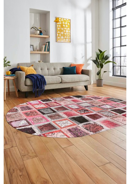 Baskılı Kaymaz Taban Yıkanabilir Patchwork Desen Oval Yolluk Salon Halısı, O-Patchwork-14-Kırmızı,