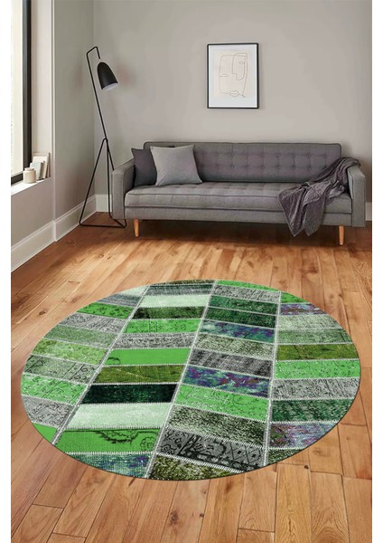 Baskılı Kaymaz Yıkanabilir Patchwork Desen Yuvarlak Mutfak Salon Halısı, Y-Patchwork-10-Yeşil,
