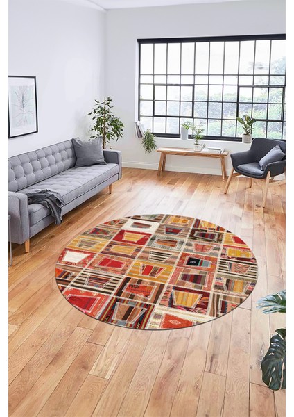 Baskılı Kaymaz Yıkanabilir Patchwork Desen Yuvarlak Mutfak Salon Halısı, Y-Patchwork-11-Renkli,