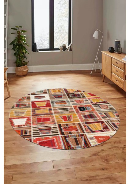 Baskılı Kaymaz Yıkanabilir Patchwork Desen Yuvarlak Mutfak Salon Halısı, Y-Patchwork-11-Renkli, modelleri