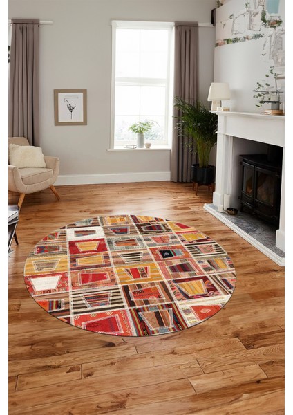 Baskılı Kaymaz Yıkanabilir Patchwork Desen Yuvarlak Mutfak Salon Halısı, Y-Patchwork-11-Renkli, indirimleri