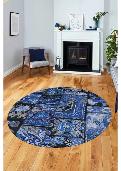 Baskılı Kaymaz Yıkanabilir Patchwork Desen Yuvarlak Mutfak Salon Halısı, Y-Patchwork-12-Mavi,