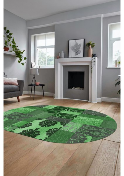 Baskılı Kaymaz Taban Yıkanabilir Patchwork Desen Oval Yolluk Salon Halısı, O-Patchwork-16-Yeşil,