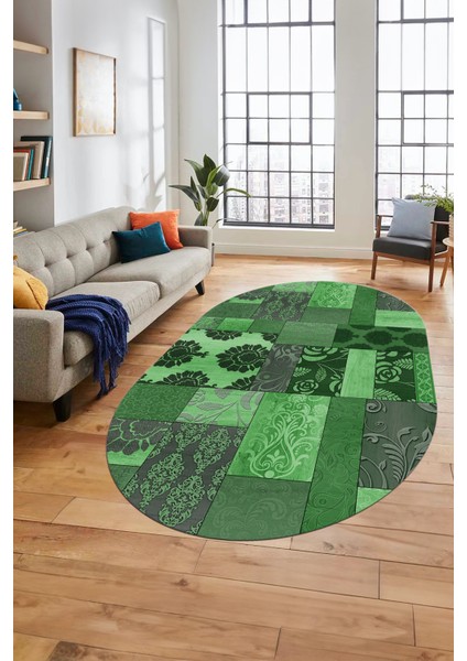 Baskılı Kaymaz Taban Yıkanabilir Patchwork Desen Oval Yolluk Salon Halısı, O-Patchwork-16-Yeşil,