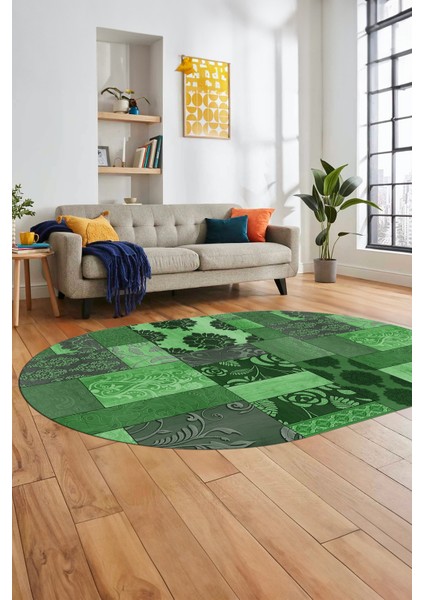 Baskılı Kaymaz Taban Yıkanabilir Patchwork Desen Oval Yolluk Salon Halısı, O-Patchwork-16-Yeşil,