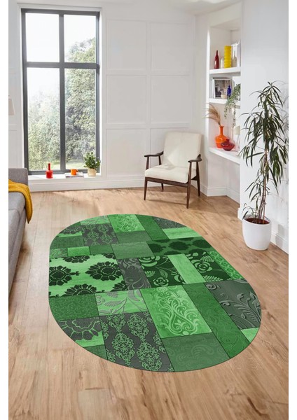 Baskılı Kaymaz Taban Yıkanabilir Patchwork Desen Oval Yolluk Salon Halısı, O-Patchwork-16-Yeşil,