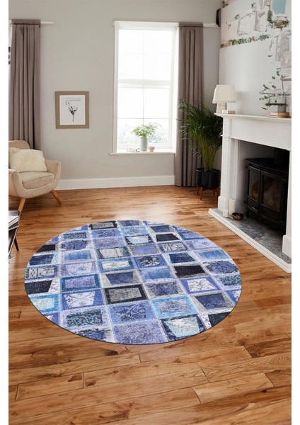 Baskılı Kaymaz Yıkanabilir Patchwork Desen Yuvarlak Mutfak Salon Halısı, Y-Patchwork-14-Mavi, fırsatları