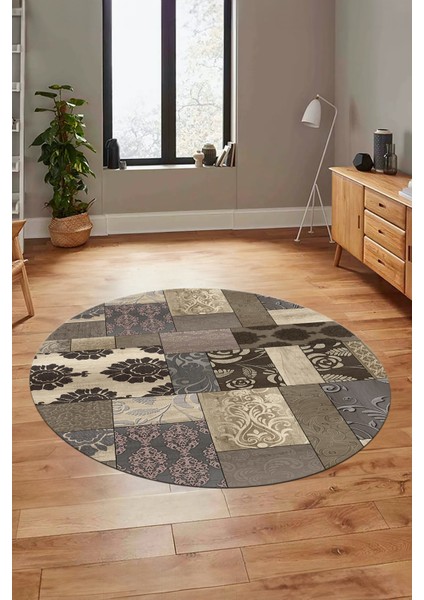 Baskılı Kaymaz Yıkanabilir Patchwork Desen Yuvarlak Mutfak Salon Halısı, Y-Patchwork-16-Vizon,