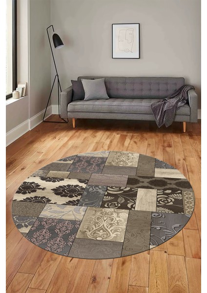 Baskılı Kaymaz Yıkanabilir Patchwork Desen Yuvarlak Mutfak Salon Halısı, Y-Patchwork-16-Vizon,