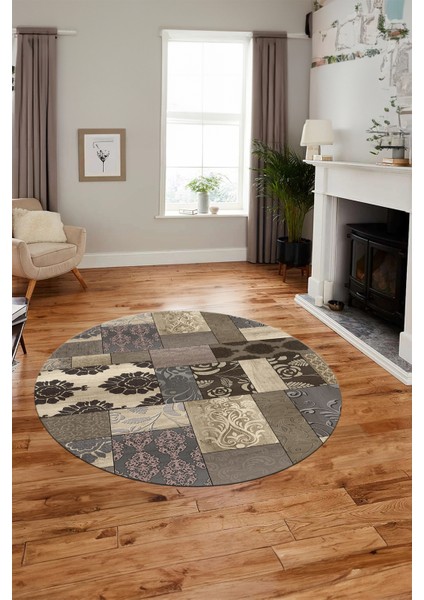 Baskılı Kaymaz Yıkanabilir Patchwork Desen Yuvarlak Mutfak Salon Halısı, Y-Patchwork-16-Vizon,