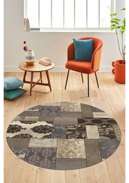Baskılı Kaymaz Yıkanabilir Patchwork Desen Yuvarlak Mutfak Salon Halısı, Y-Patchwork-16-Vizon,