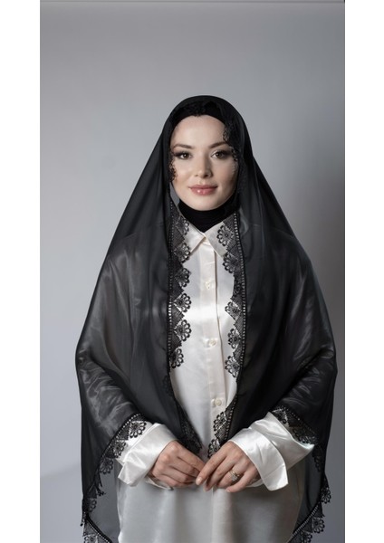Siyah Namaz Başörtüsü Şal Şifon Kumaş Güpürlü 202106_01