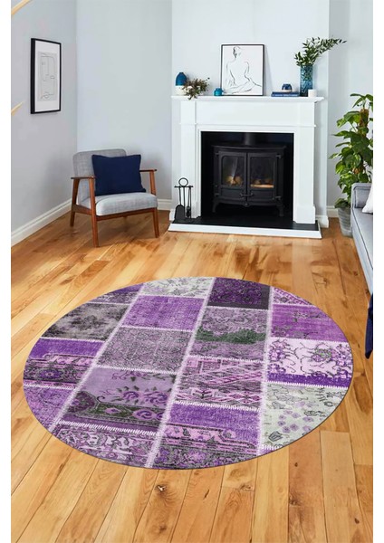 Baskılı Kaymaz Yıkanabilir Patchwork Desen Yuvarlak Mutfak Salon Halısı, Y-Patchwork-04-Mor, indirimleri